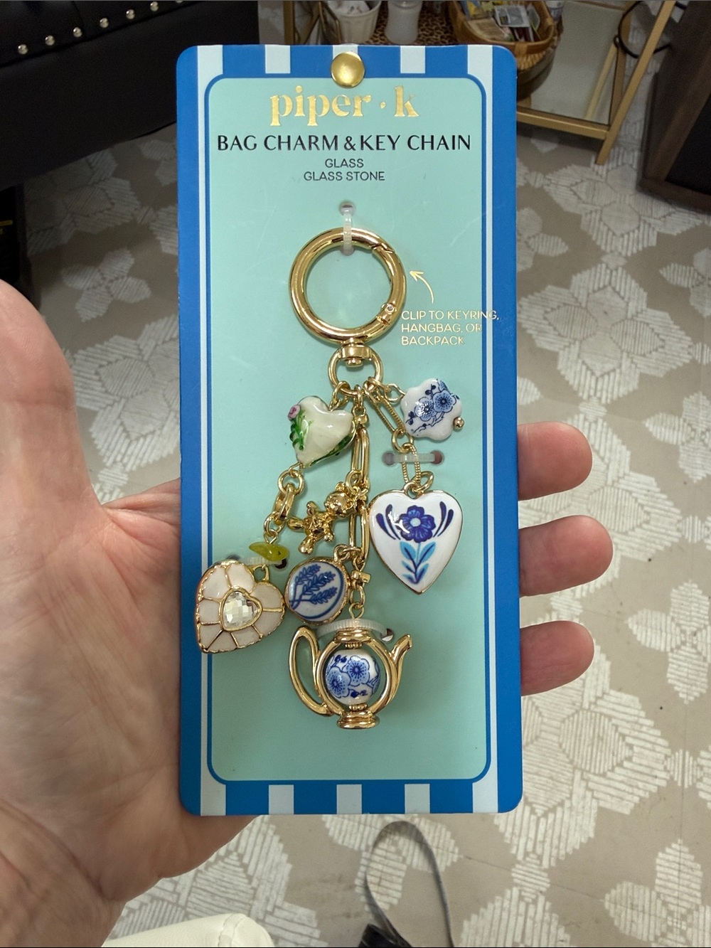 Piper Gold-Tone Key Chain with Blue and White Ceramic Charms